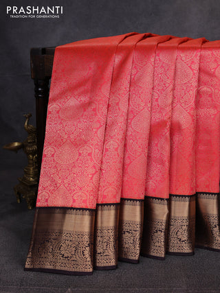 Pure kanchipuram silk saree peach orange and coffee brown with allover zari woven brocade weaves and rich zari woven border