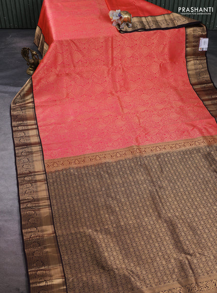 Pure kanchipuram silk saree peach orange and coffee brown with allover zari woven brocade weaves and rich zari woven border