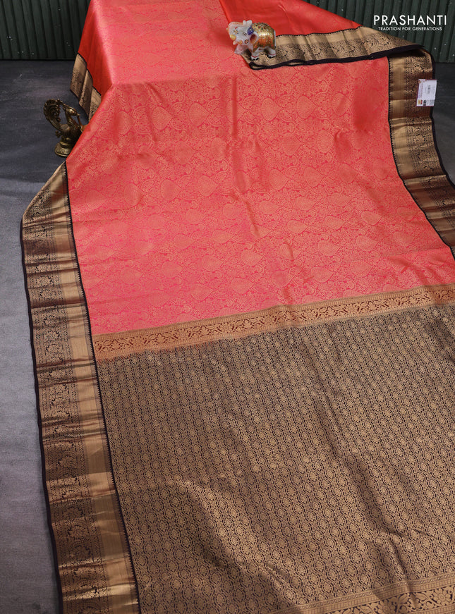 Pure kanchipuram silk saree peach orange and coffee brown with allover zari woven brocade weaves and rich zari woven border