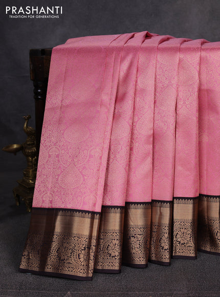 Pure kanchipuram silk saree peach pink and coffee brown with allover zari woven brocade weaves and rich zari woven border