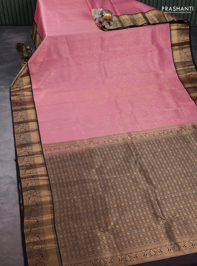 Pure kanchipuram silk saree peach pink and coffee brown with allover zari woven brocade weaves and rich zari woven border