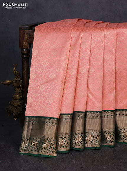 Pure kanchipuram silk saree peach pink and green with allover zari woven brocade weaves and zari woven border