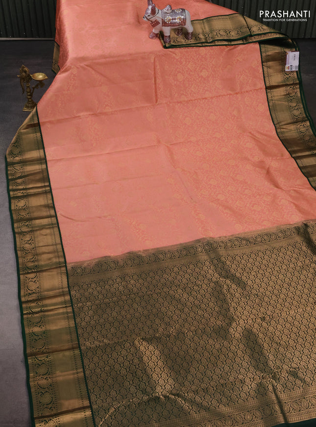 Pure kanchipuram silk saree peach pink and green with allover zari woven brocade weaves and zari woven border