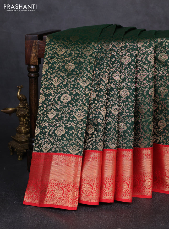 Pure kanchipuram silk saree bottle green and red with allover zari woven brocade weaves and zari woven korvai border