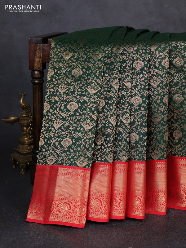 Pure kanchipuram silk saree bottle green and red with allover zari woven brocade weaves and zari woven korvai border
