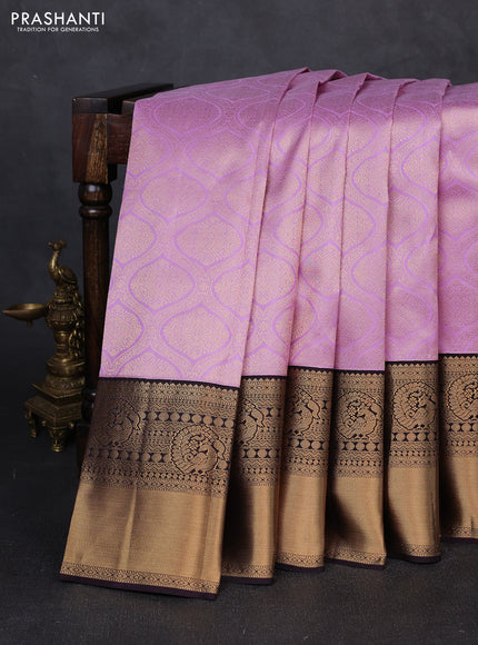Pure kanchipuram silk saree lavender and coffee brown with allover zari woven brocade weaves and long rich zari woven korvai border
