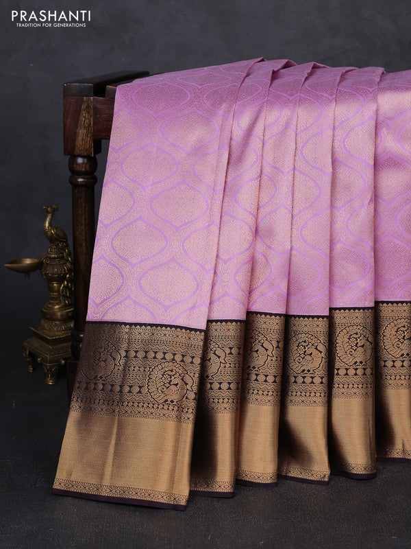 Pure kanchipuram silk saree lavender and coffee brown with allover zari woven brocade weaves and long rich zari woven korvai border