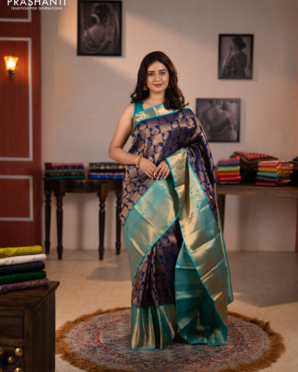 Pure kanchipuram silk saree navy blue and teal green with allover zari woven brocade weaves and long rich zari woven korvai border