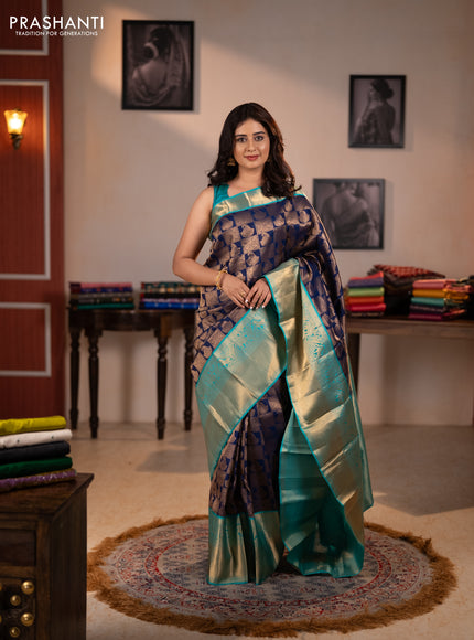 Pure kanchipuram silk saree navy blue and teal green with allover zari woven brocade weaves and long rich zari woven korvai border