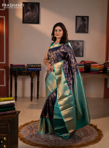Pure kanchipuram silk saree navy blue and teal green with allover zari woven brocade weaves and long rich zari woven korvai border