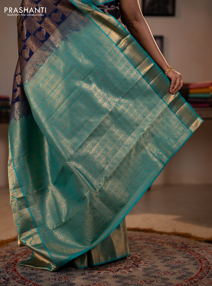 Pure kanchipuram silk saree navy blue and teal green with allover zari woven brocade weaves and long rich zari woven korvai border
