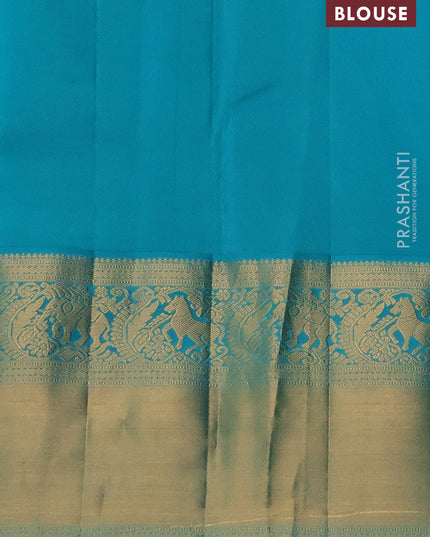 Pure kanchipuram silk saree navy blue and teal green with allover zari woven brocade weaves and long rich zari woven korvai border