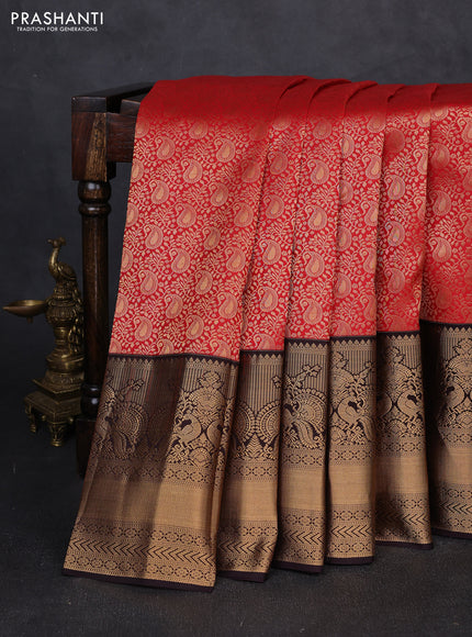 Pure kanchipuram silk saree red and deep wine with allover zari woven brocade weaves and long rich zari woven korvai border