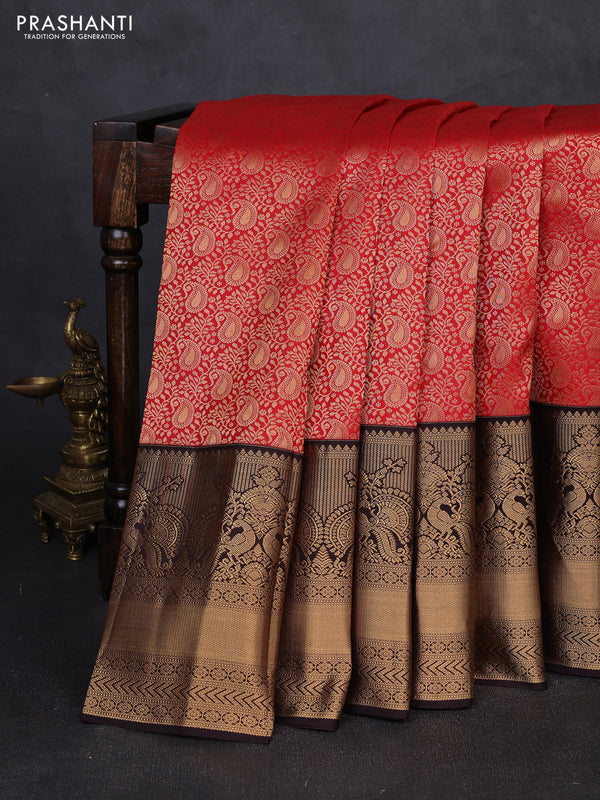 Pure kanchipuram silk saree red and deep wine with allover zari woven brocade weaves and long rich zari woven korvai border
