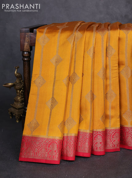 Chiniya silk saree mustard yellow and maroon with allover geomatric zari weaves and woven border