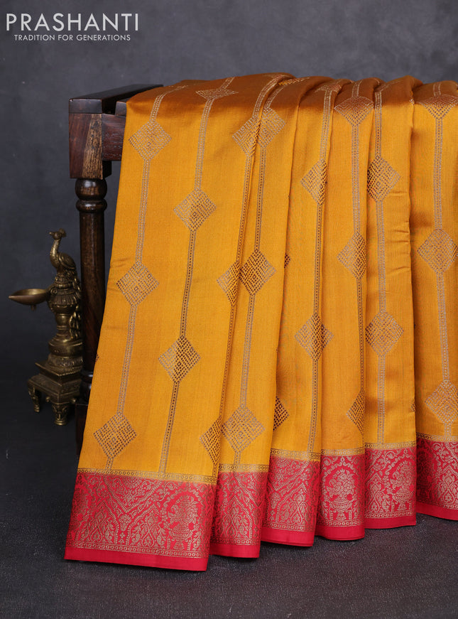 Chiniya silk saree mustard yellow and maroon with allover geomatric zari weaves and woven border