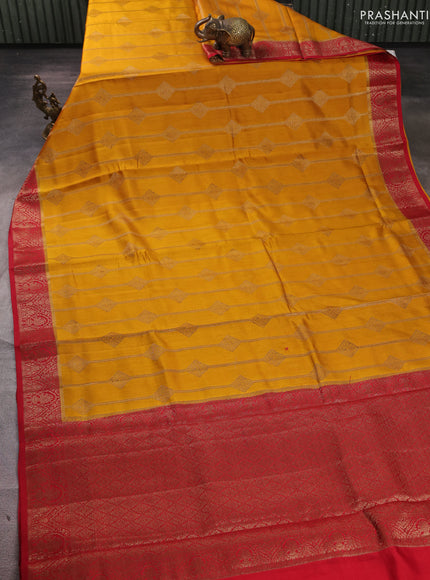 Chiniya silk saree mustard yellow and maroon with allover geomatric zari weaves and woven border