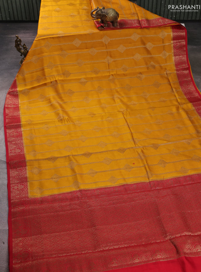 Chiniya silk saree mustard yellow and maroon with allover geomatric zari weaves and woven border
