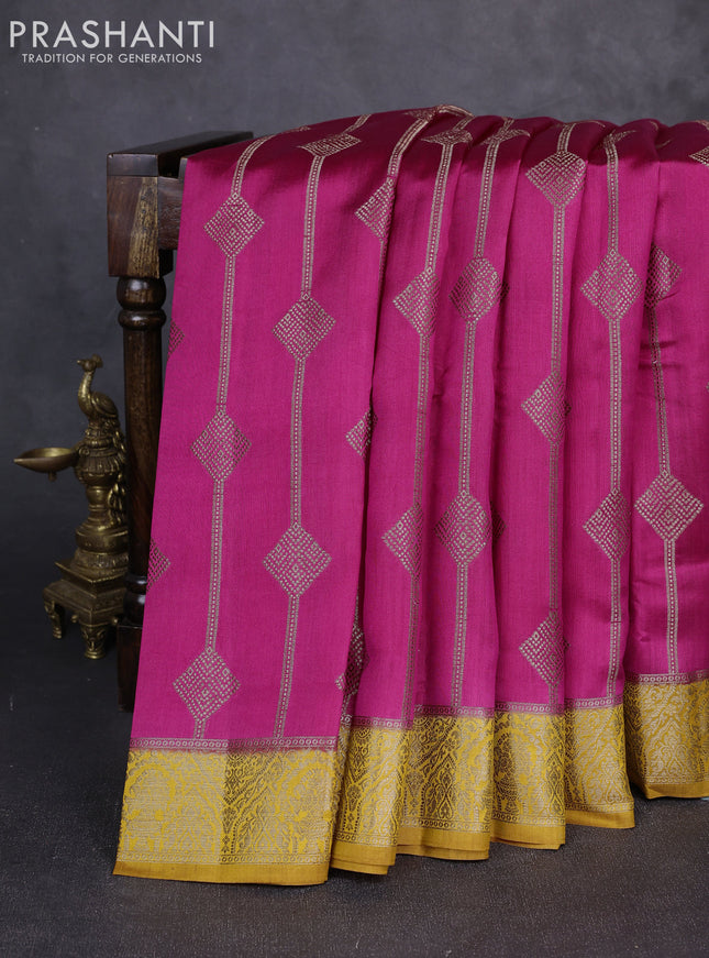 Chiniya silk saree pink and mustard yellow with allover geomatric zari weaves and woven border