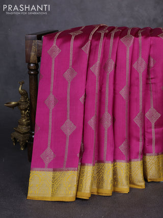 Chiniya silk saree pink and mustard yellow with allover geomatric zari weaves and woven border