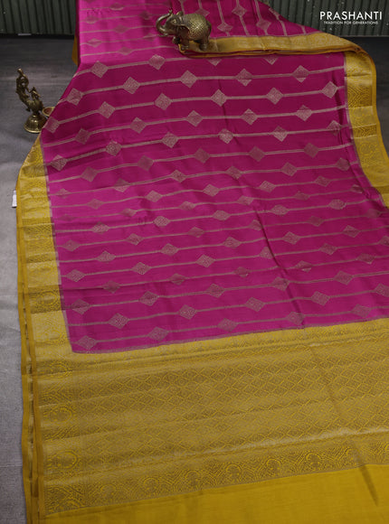 Chiniya silk saree pink and mustard yellow with allover geomatric zari weaves and woven border