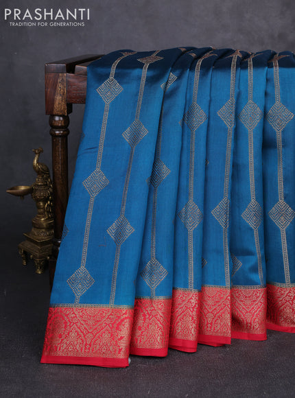 Chiniya silk saree peacock blue and maroon with allover geomatric zari weaves and woven border