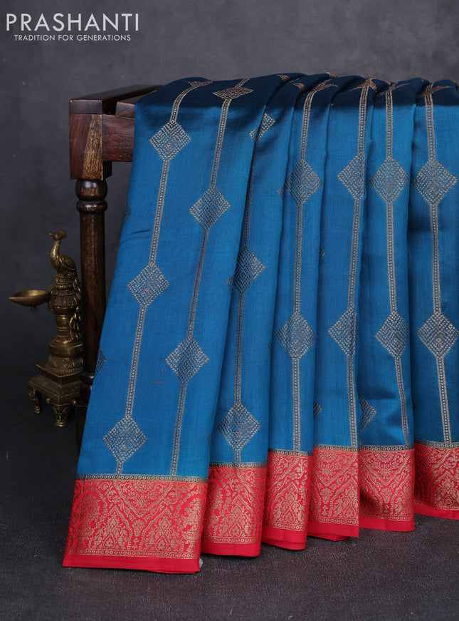 Chiniya silk saree peacock blue and maroon with allover geomatric zari weaves and woven border