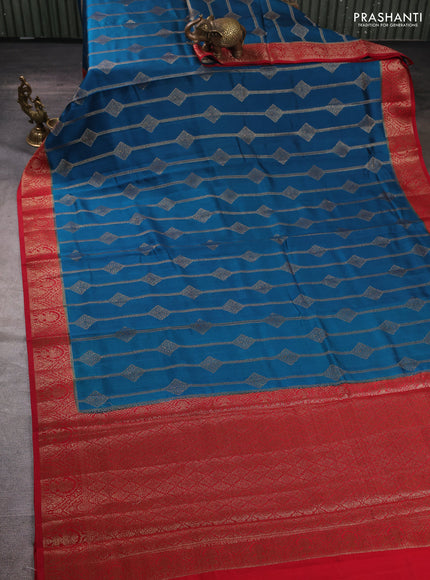 Chiniya silk saree peacock blue and maroon with allover geomatric zari weaves and woven border