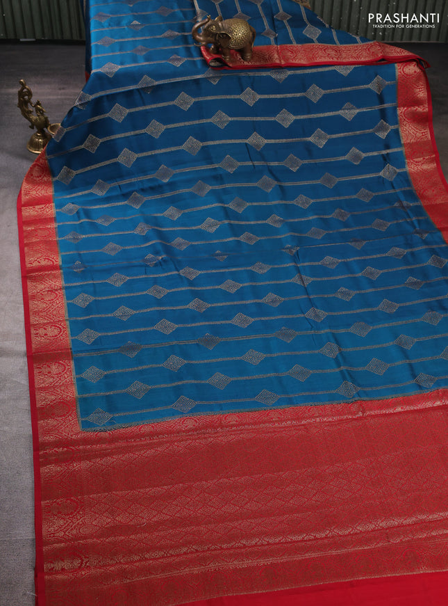 Chiniya silk saree peacock blue and maroon with allover geomatric zari weaves and woven border