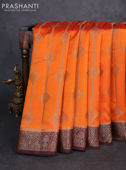 Chiniya silk saree orange and coffee brown with allover geomatric zari weaves and woven border