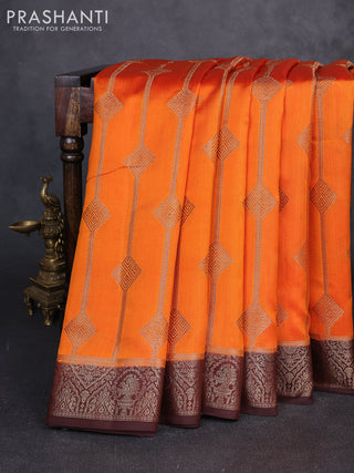 Chiniya silk saree orange and coffee brown with allover geomatric zari weaves and woven border