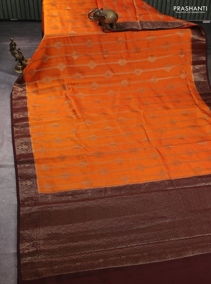 Chiniya silk saree orange and coffee brown with allover geomatric zari weaves and woven border