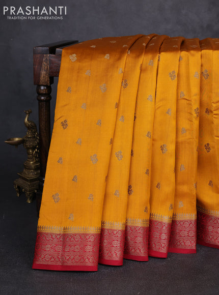 Chiniya silk saree mustard yellow and maroon with allover thread & zari woven buttas and woven border