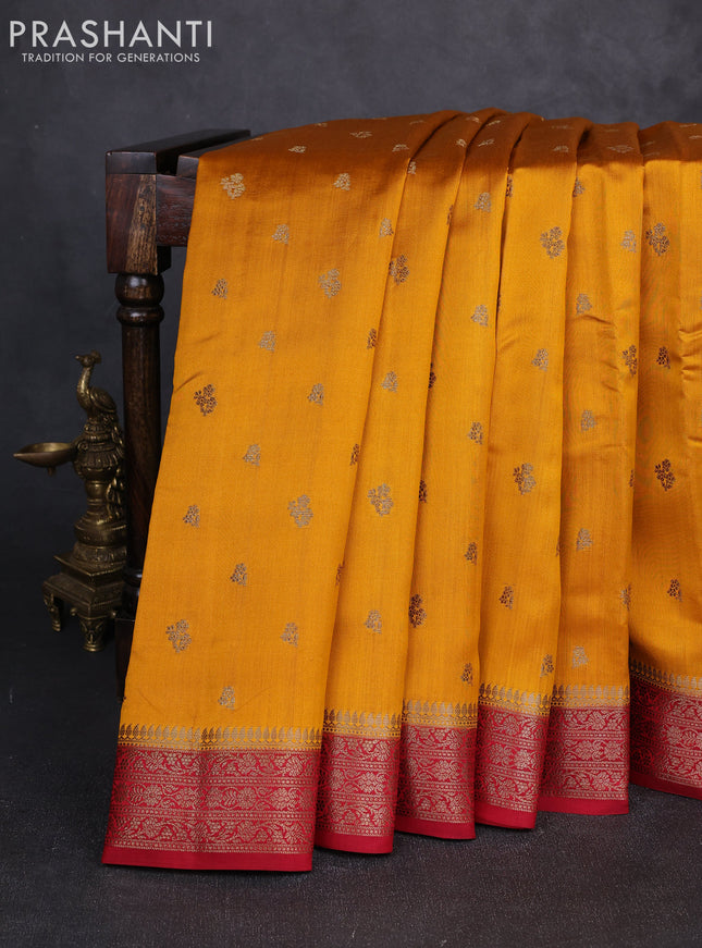 Chiniya silk saree mustard yellow and maroon with allover thread & zari woven buttas and woven border