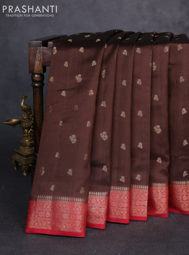Chiniya silk saree coffee brown and maroon with allover thread & zari woven buttas and woven border