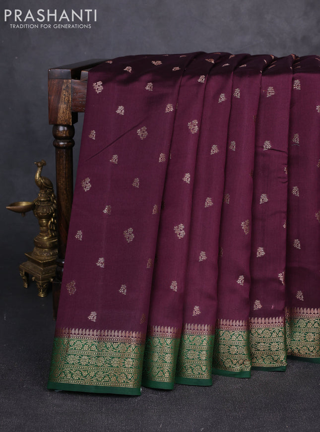 Chiniya silk saree deep purple and bottle green with allover thread & zari woven buttas and woven border