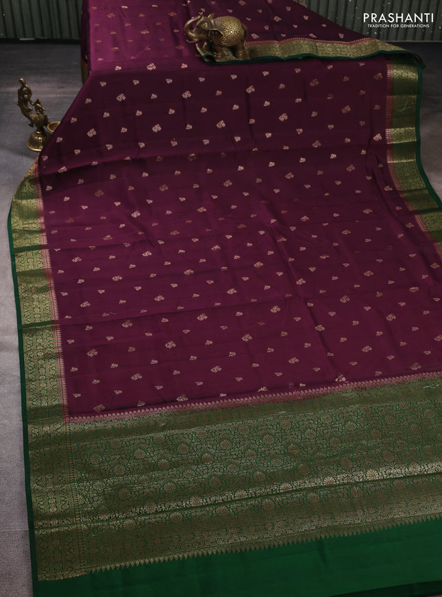 Chiniya silk saree deep purple and bottle green with allover thread & zari woven buttas and woven border