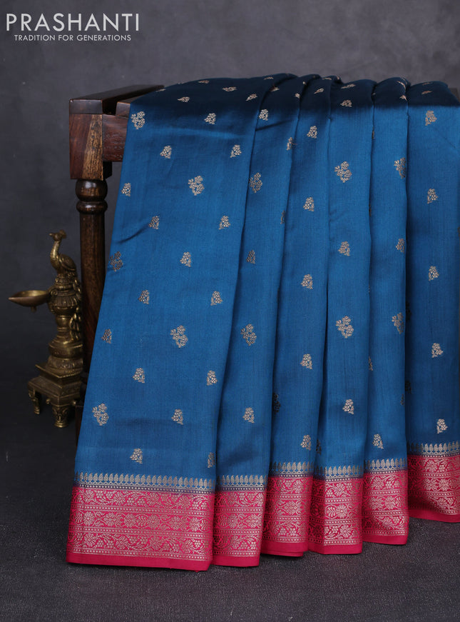 Chiniya silk saree peacock blue and maroon with allover thread & zari woven buttas and woven border