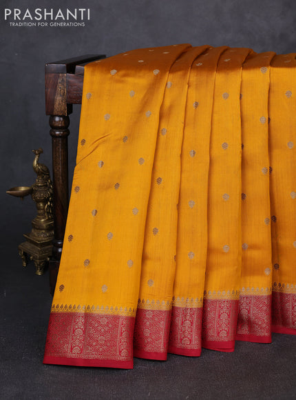 Chiniya silk saree mustard yellow and maroon with allover thread & zari woven buttas and woven border