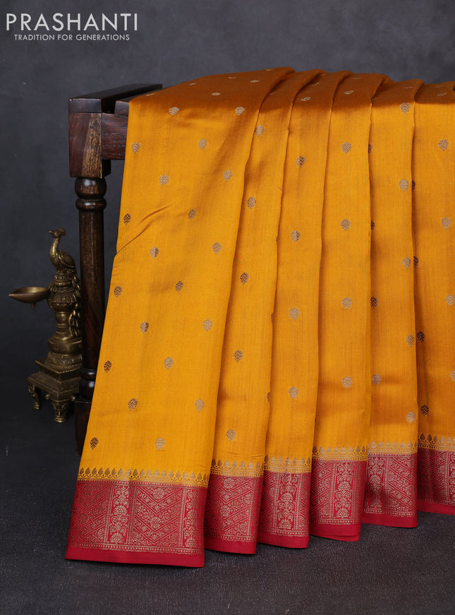 Chiniya silk saree mustard yellow and maroon with allover thread & zari woven buttas and woven border