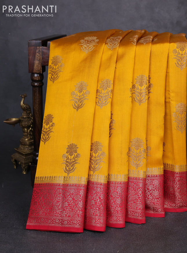 Chiniya silk saree mango yellow and maroon with allover thread & zari woven buttas and woven border
