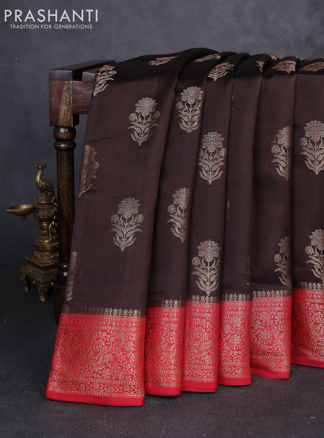 Chiniya silk saree coffee brown and maroon with allover thread & zari woven buttas and woven border