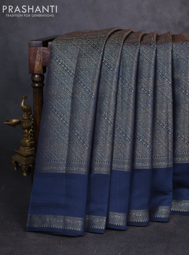 Chiniya silk saree peacock green with allover thread & zari brocade pattern and rettapet woven border