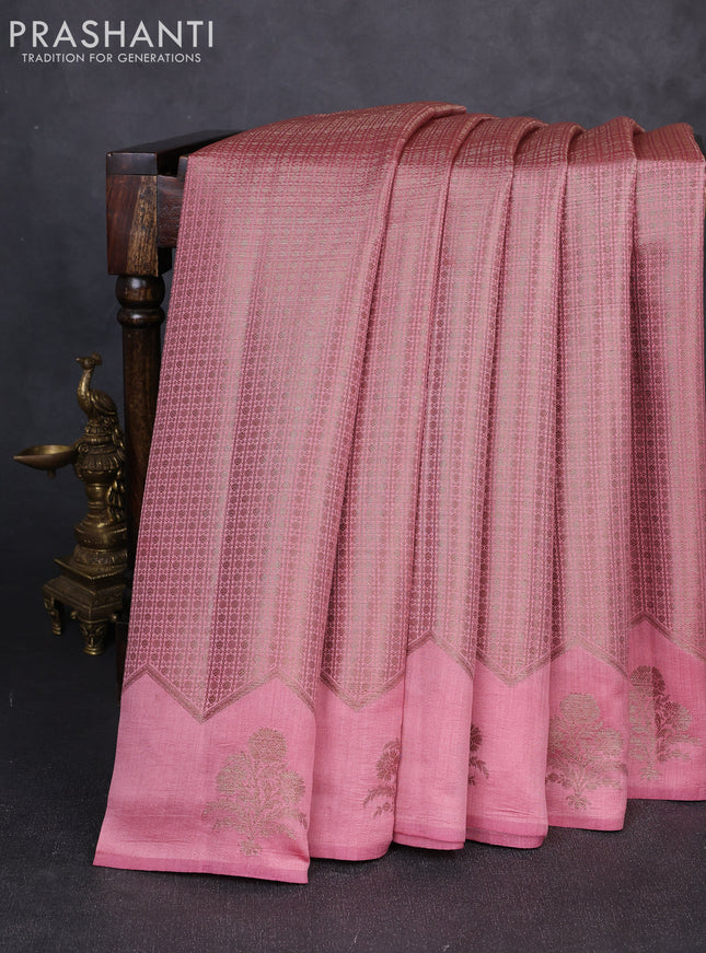 Chiniya silk saree peach pink with allover thread & zari brocade pattern and woven border