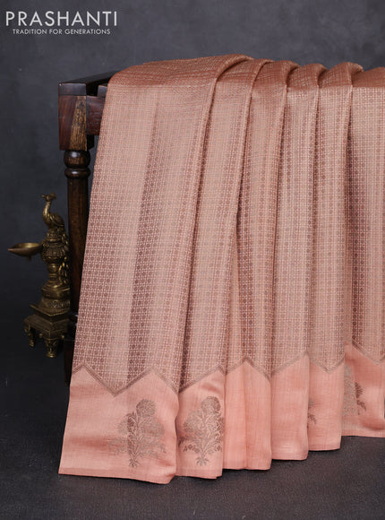 Chiniya silk saree peach shade with allover thread & zari brocade pattern and woven border