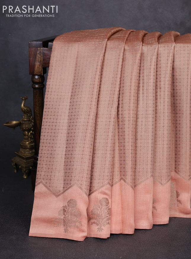 Chiniya silk saree peach shade with allover thread & zari brocade pattern and woven border