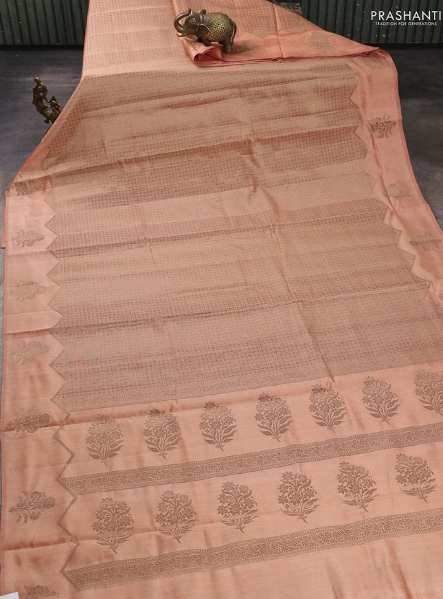 Chiniya silk saree peach shade with allover thread & zari brocade pattern and woven border
