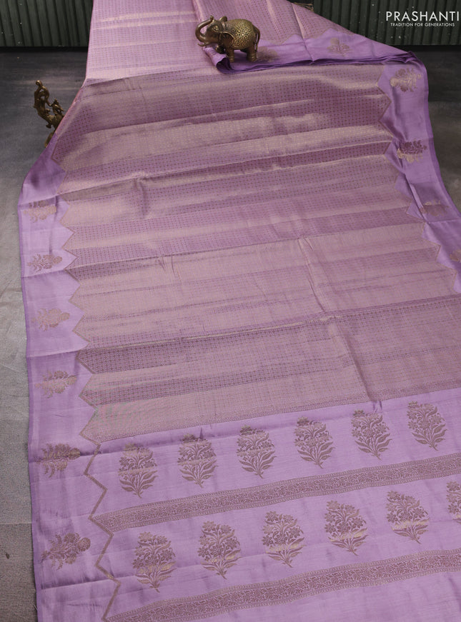 Chiniya silk saree pastel purple with allover thread & zari brocade pattern and woven border