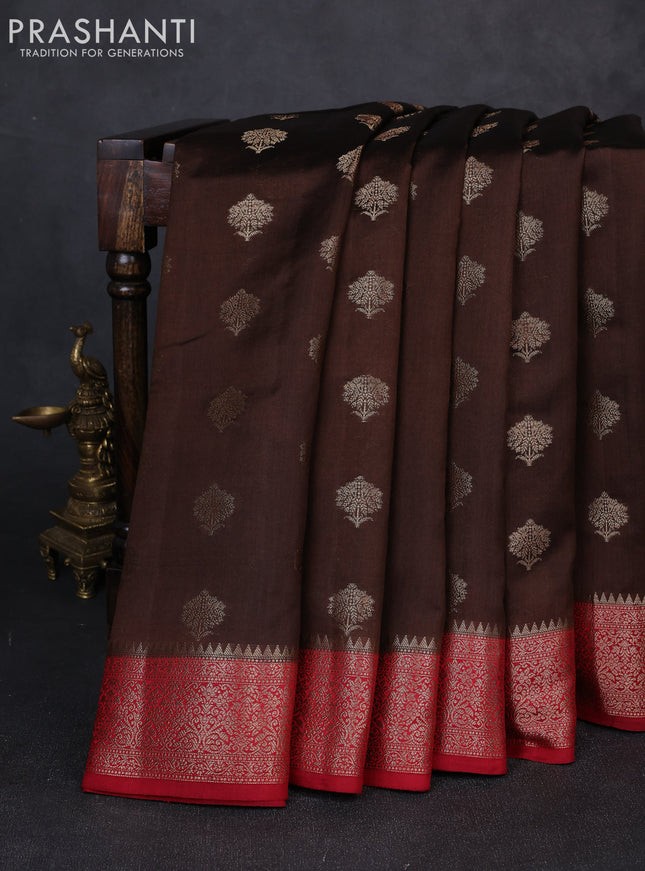 Chiniya silk saree coffee brown and maroon with allover thread & zari woven buttas and woven border