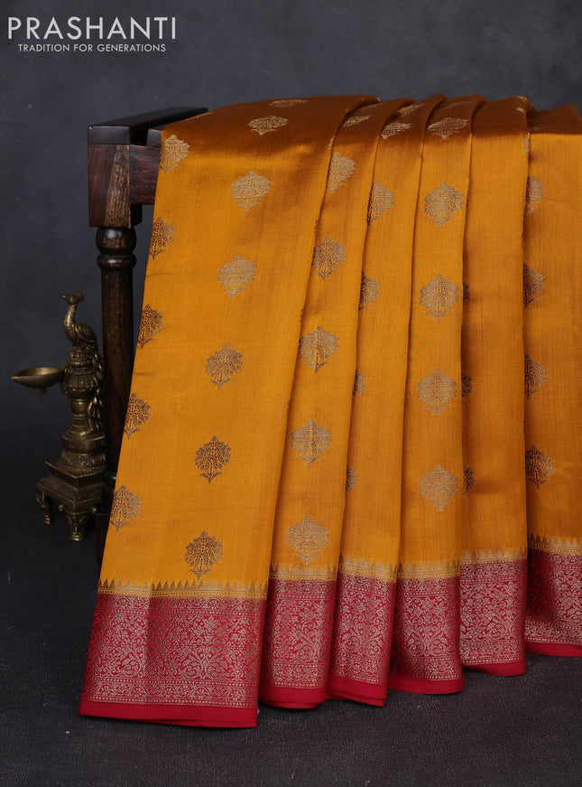 Chiniya silk saree mustard yellow and maroon with allover thread & zari woven buttas and woven border
